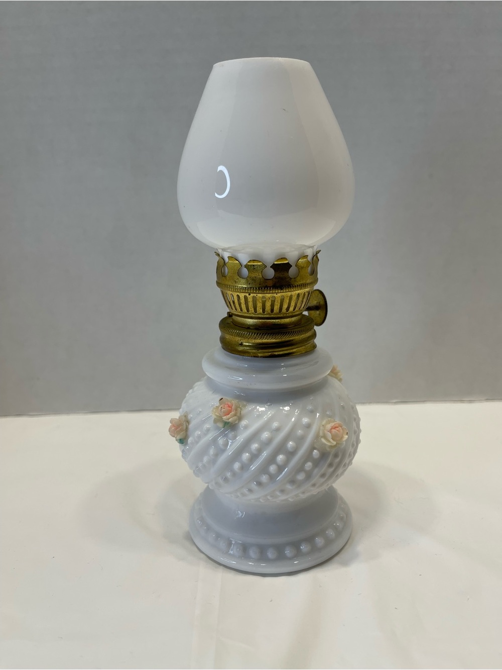 White Milk Glass Miniature Lamp with Pink Rose Accents
